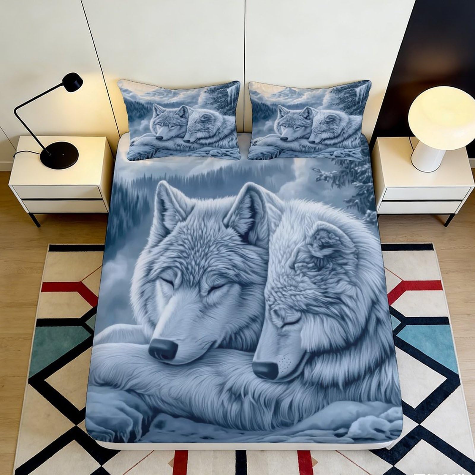 3D Printed Wolf Couple Fitted Sheet Microfiber Soft Breathable Forest Bed Sheet Bedroom Dorm Decor Protection 90x200x25cm