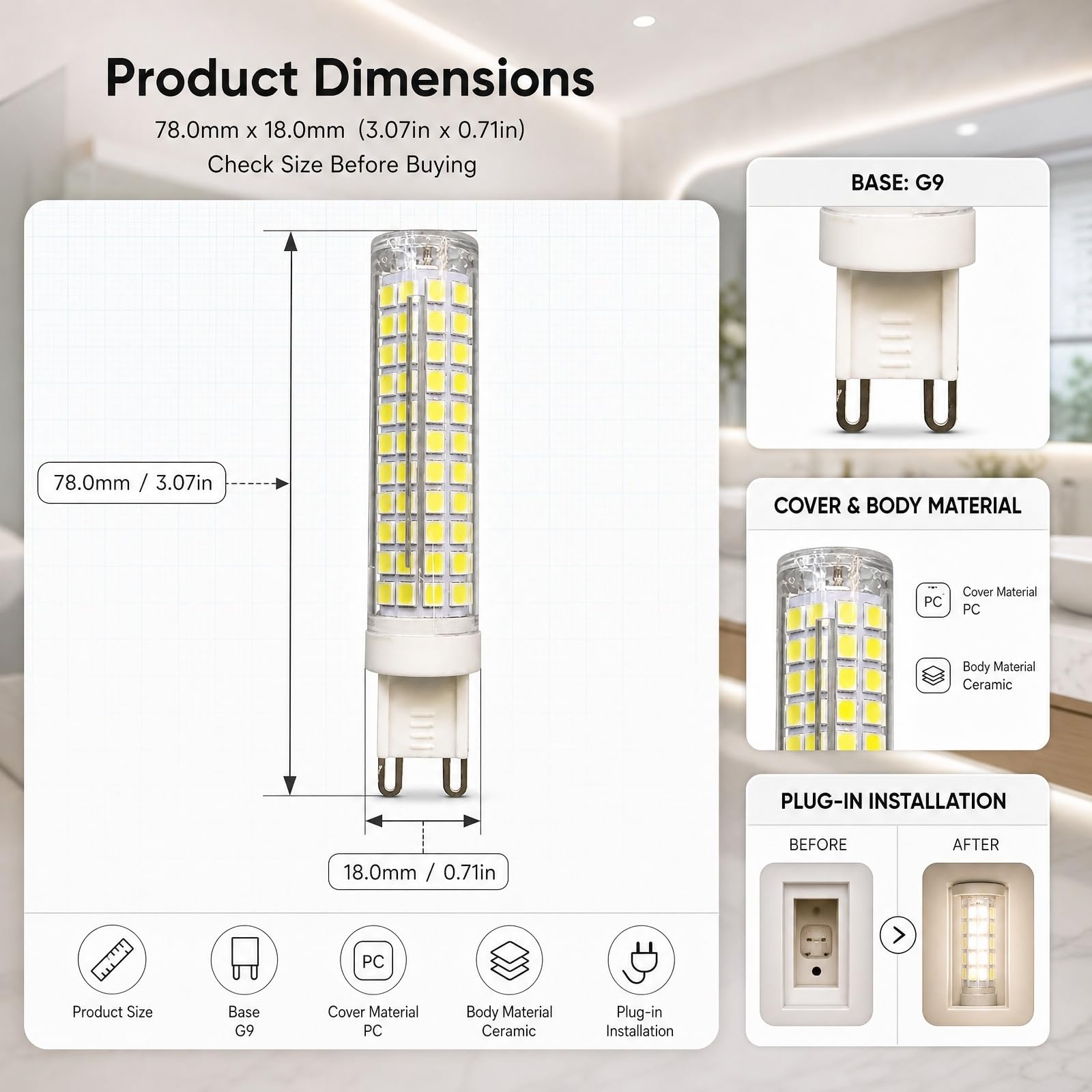 Ahorro Bombilla LED G9 Maíz Regulable 15W, Luz Fría 6500K, Equivalente a 120W Halógena, 1500LM, 360°, Cerámica, para Araña Colgante(8 Pack)