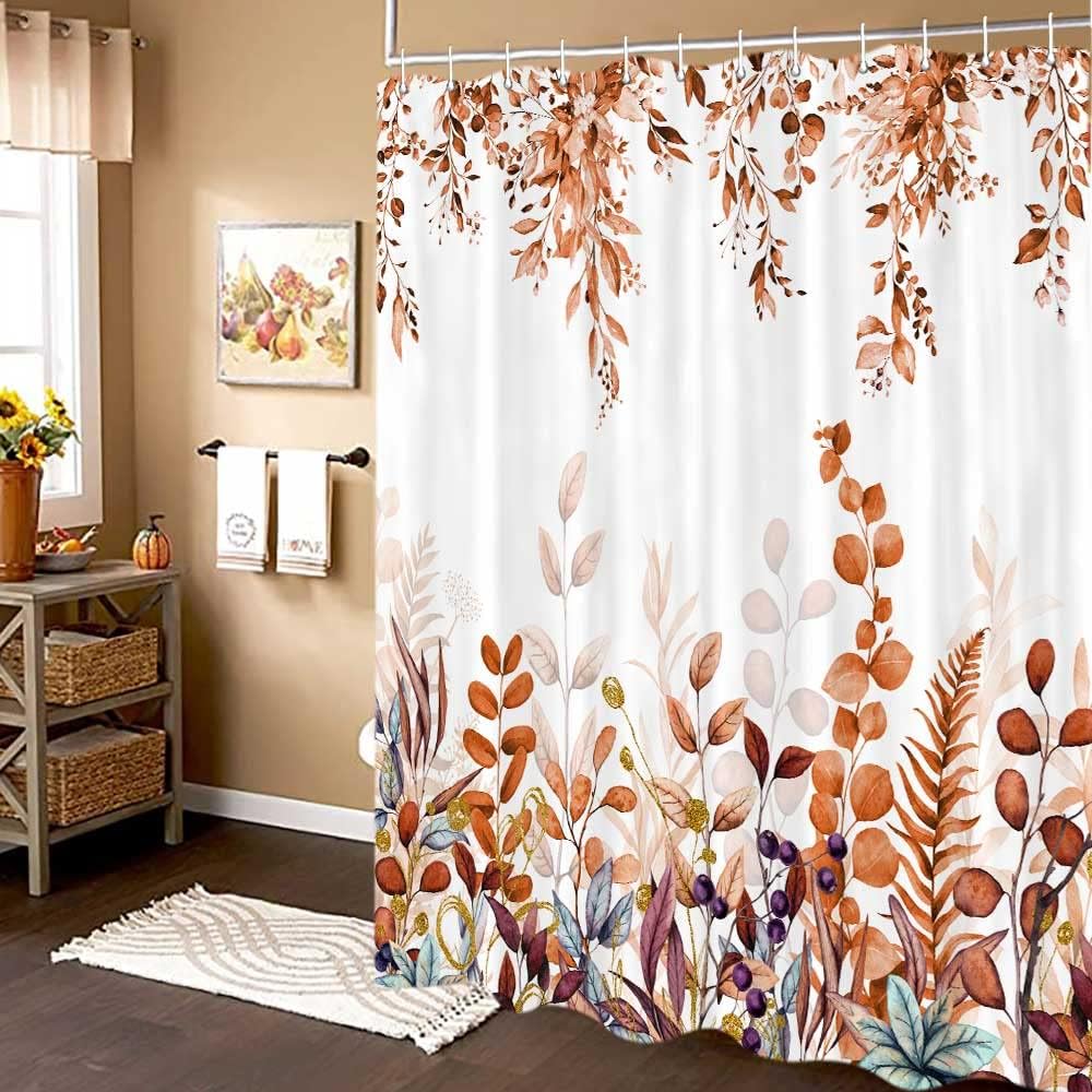 Fall Floral Shower Curtain, Cute Autumn Red and Gold Leaves Flower Harvest Fabric Shower Curtains Set for Bathroom, White Restroom Decor Accessories with Hooks 72X 72 Inch