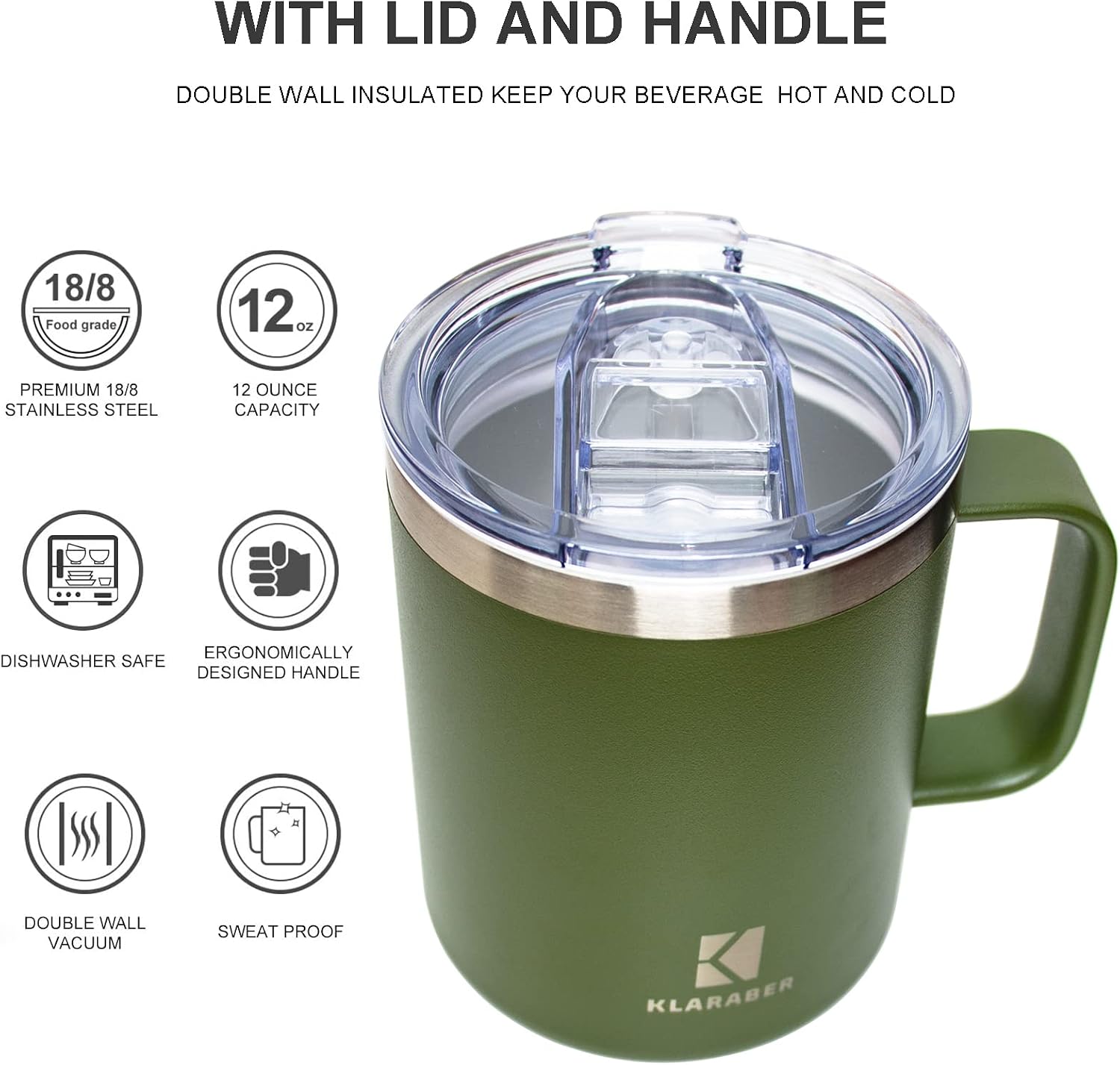 Klaraber Thermal Mug, Insulated Coffee Mug with Handle and Lid, Insulated Camping Mug, Double Walled Stainless Steel Beer Mug - Image 3