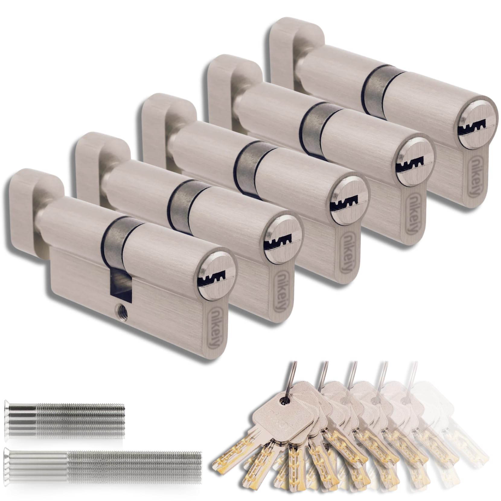 Set of 5 Brass Knob Cylinders 35/35mm, Knob Lock, Screws and Keys Included, Easy Installation, Lock for Doors and Garages, Single Key, Total Length 70mm