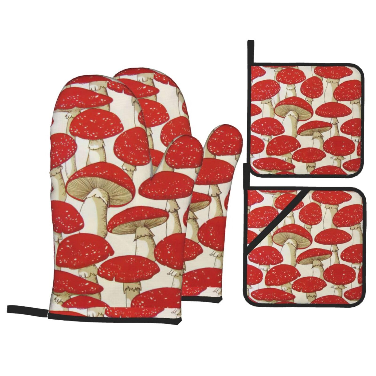 Red White Mushroom Print Kitchen Oven Mitts And Pot Holders Set,Hanging Loop Design For Cooking Baking Bbq