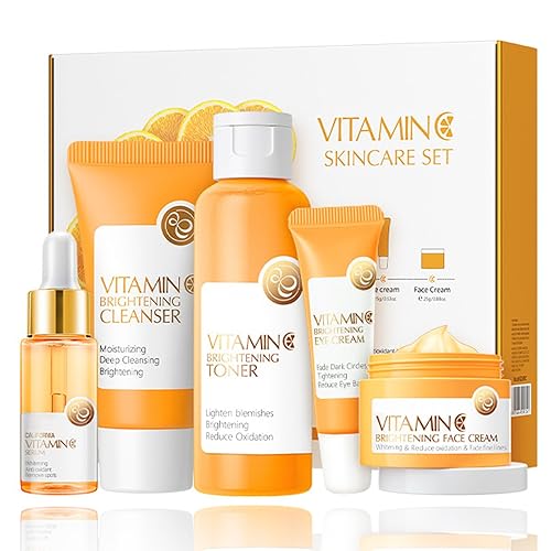 Set de cuidado de la piel con vitamina C, juego de regalo 5 en 1 para el cuidado de la piel con limpiador, tóner, suero facial, crema facial y crema