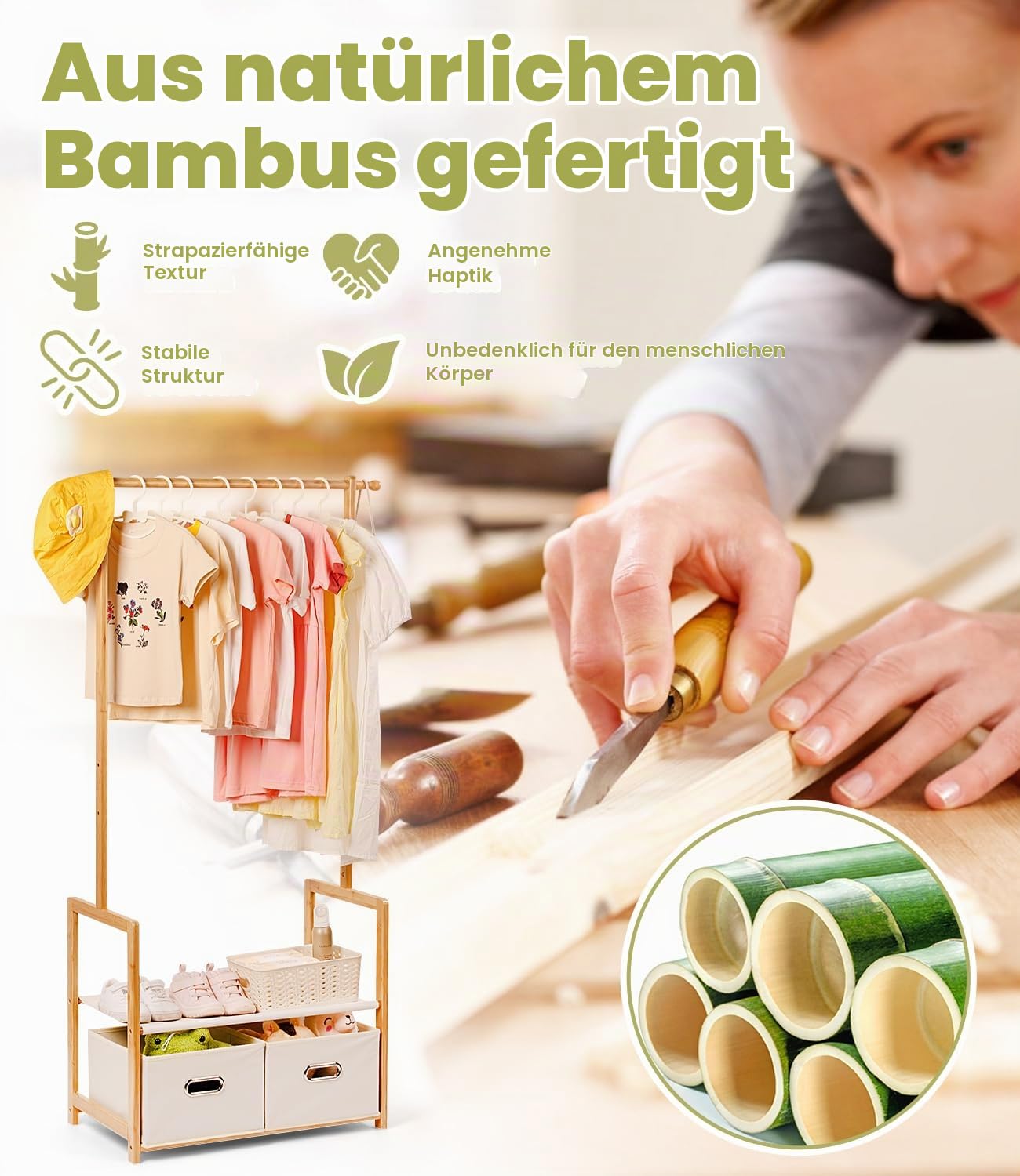 Bambus Kinder Kleiderständer, mit 2 Aufbewahrungskiste und 2 Verstellbaren Hängestangen, Kleiderstange & Ablage, Kinderzimmer, Kindergarderobe, für Baby Mädchen Jungs (Naturfarbe)