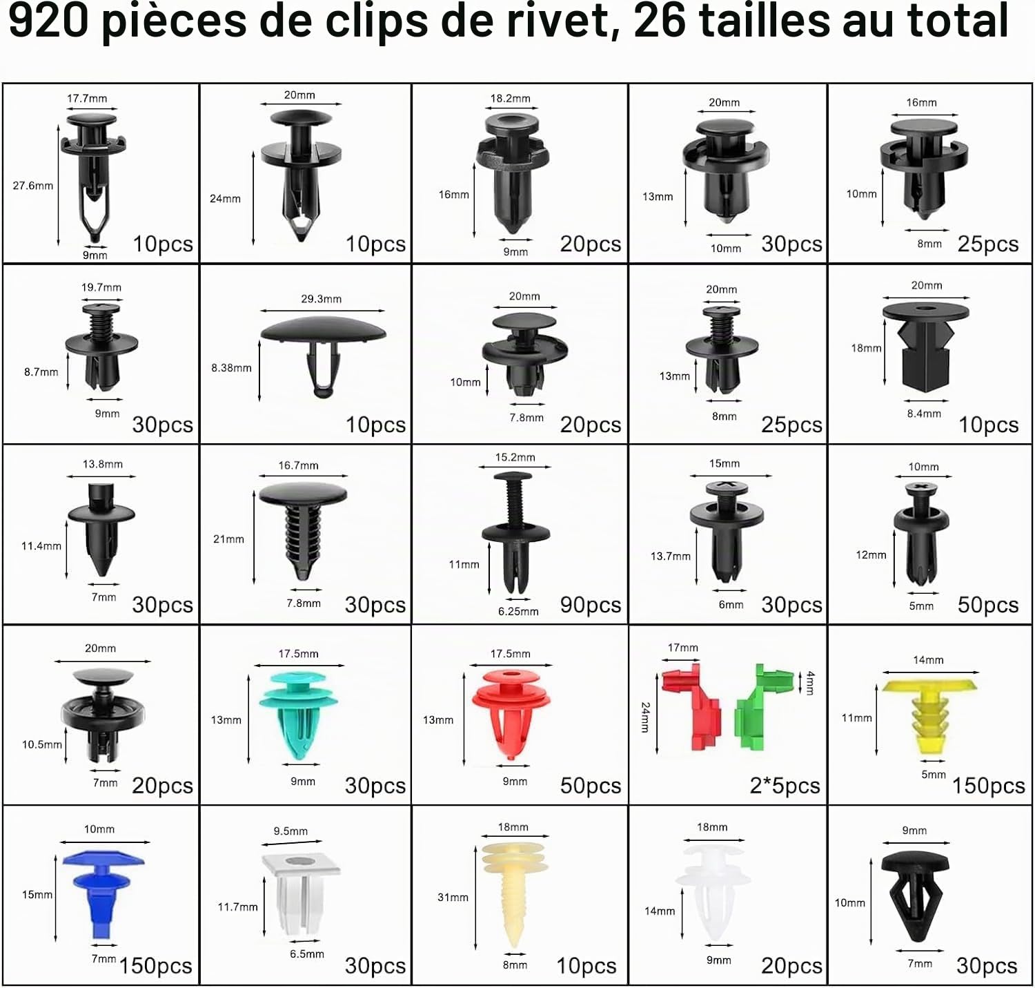 1105PCS Clips Voiture,lips Voiture Noir Universel Rivet Plastique Fixation,avec Outil de Démontage et Serre Câbles pour Auto Voitures Panneaux Portes Pare-Chocs