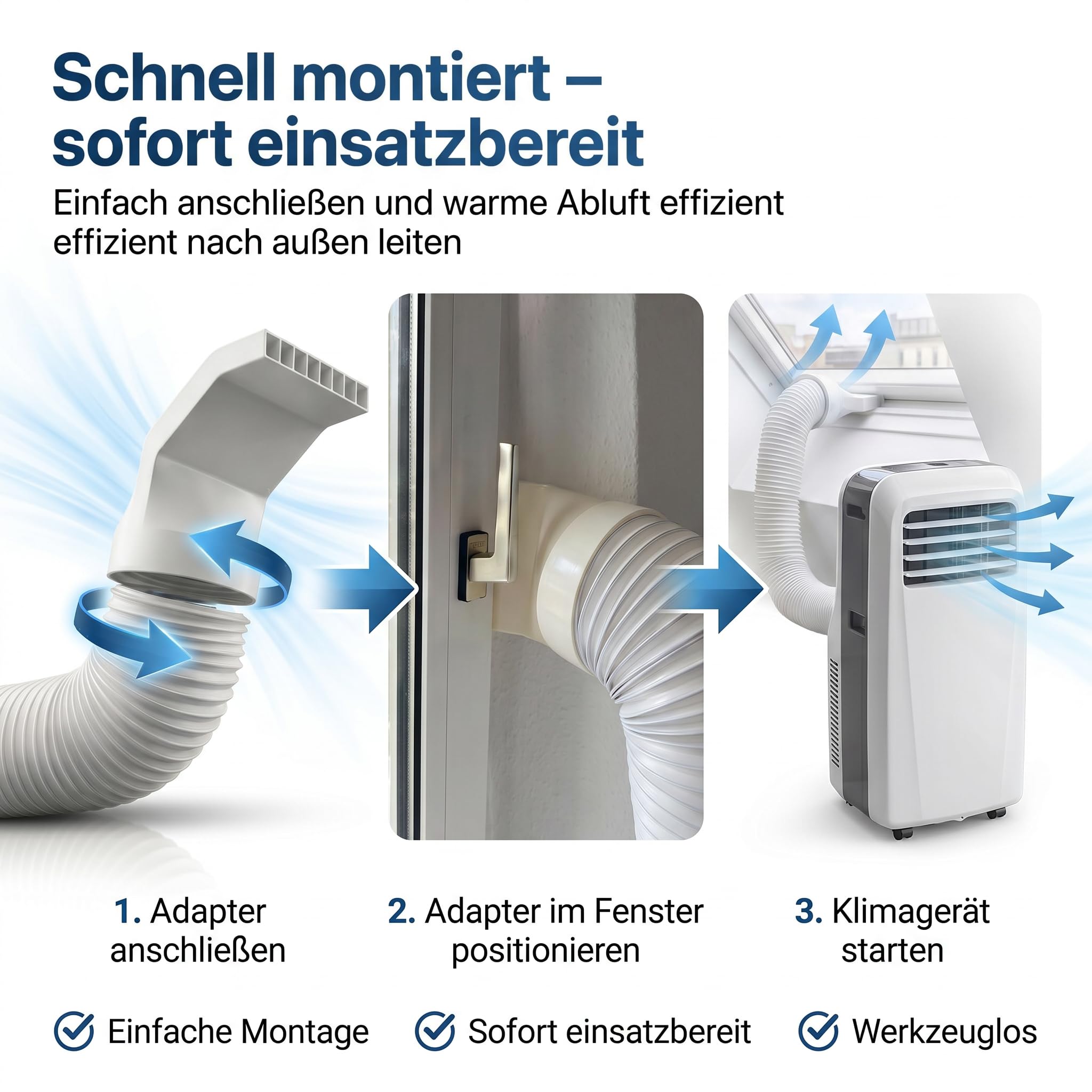 Klimaanlage Abluftschlauch Adapter 150 mm (DN150) für mobile Klimageräte – Fensteradapter für Kippfenster, Dachfenster & Schwingfenster – Passend für VEKA, Schüco, Rehau, VELUX & ROTO | R-Satz Shop