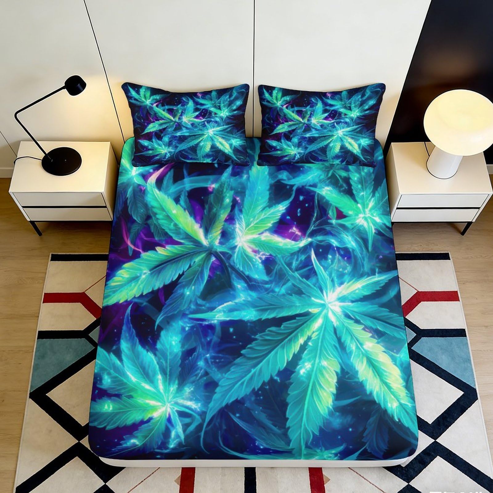3D Printed Neon Cannabis Leaves Fitted Sheet Microfiber Soft Breathable Glowing Marijuana Mattress Cover for Bedroom Dormitory Guest Room Protection 160x200x25cm