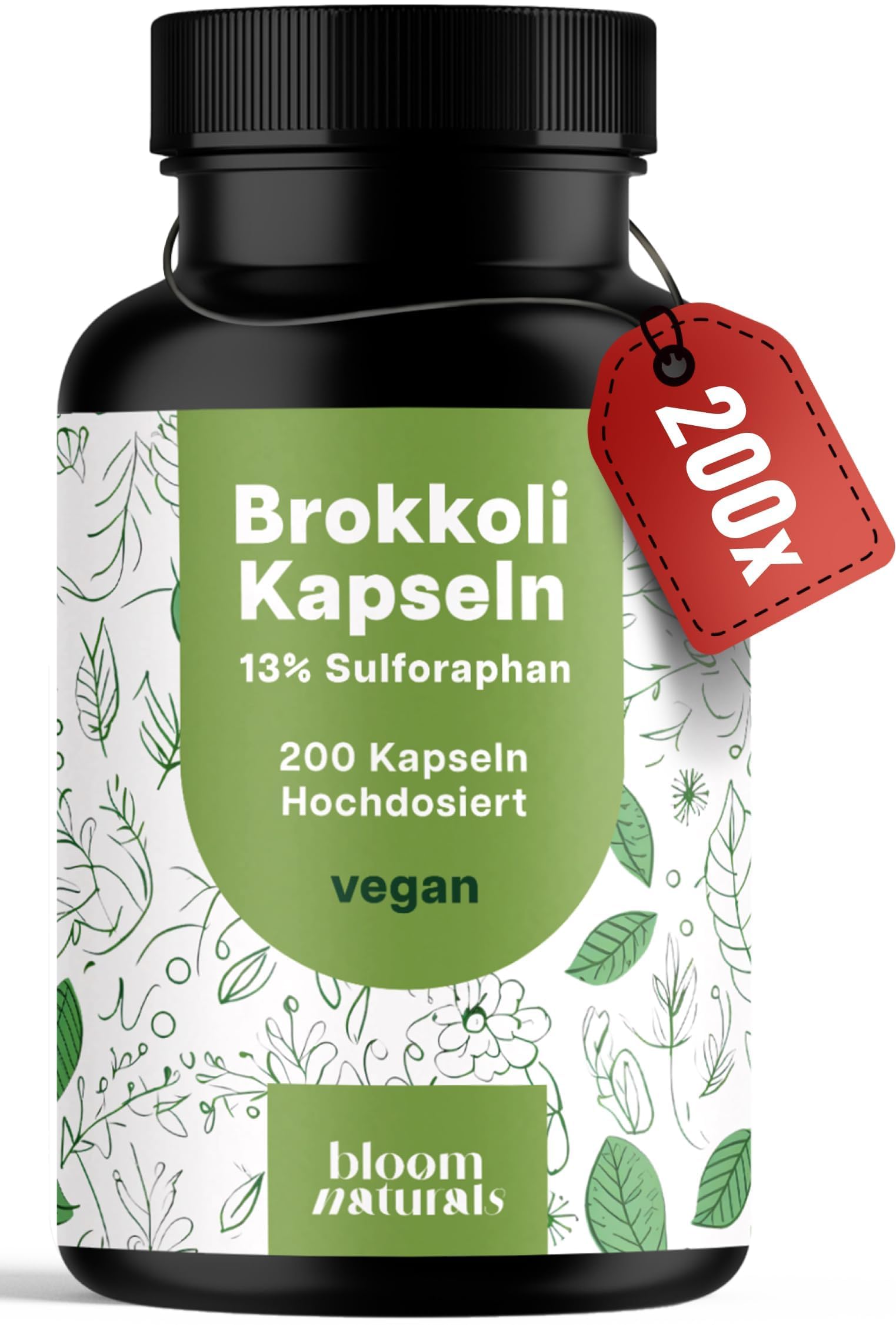 Brokkoli Kapseln - 200x Sulforaphan Hochdosiert - 1000mg pro Tagesportion - 130mg Sulforaphan - Brokkolisprossen - Vegan und produziert in Deutschland - Verpackung kann variieren