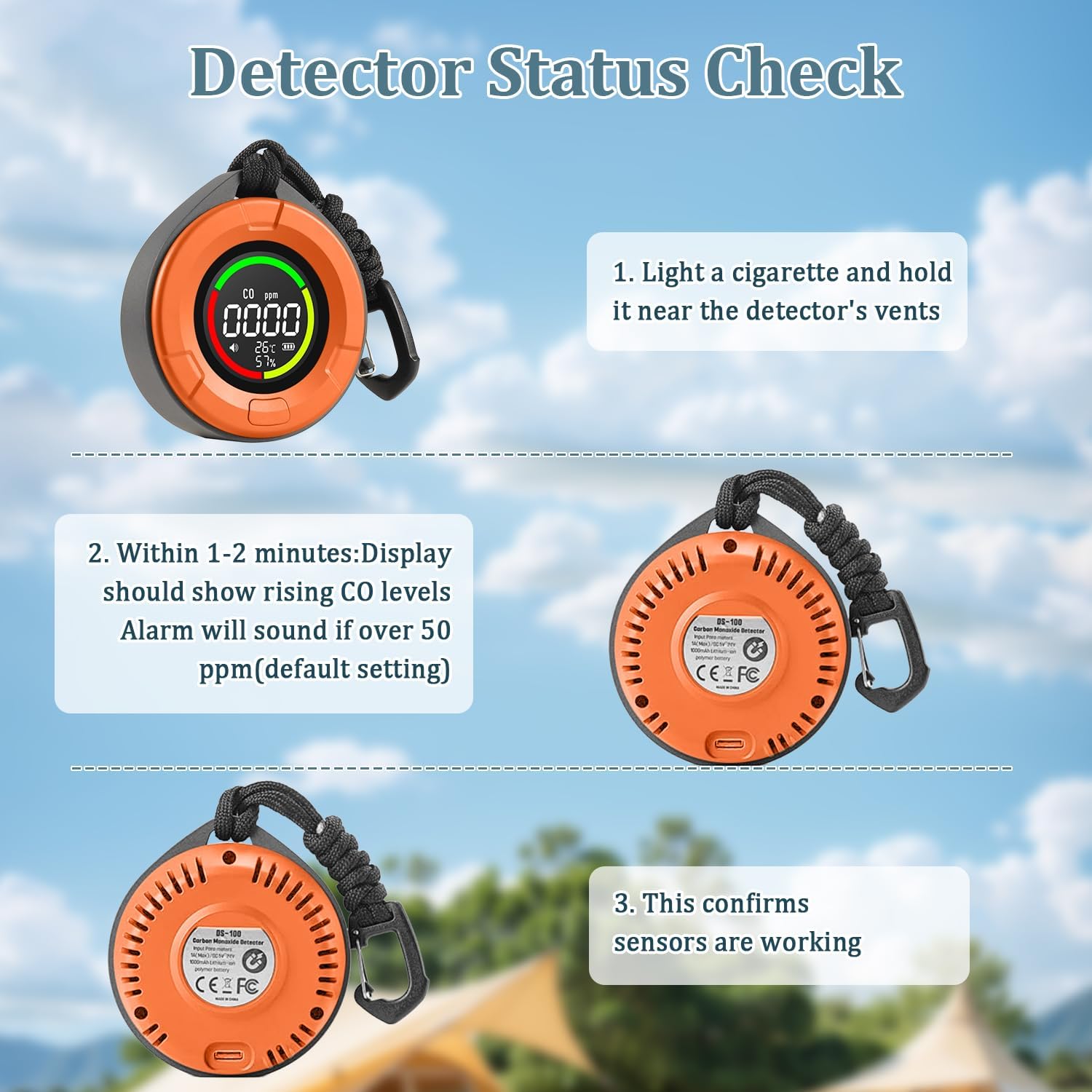 3-in-1 Portable Carbon Monoxide Detector for Travel, Portable Travel CO Detector Rechargeable CO Alarm with Temperature & Humidity Display, Travel Carbon Monoxide Detectors for RV, Camping (Orange)