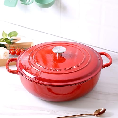 Miniatura 3 de EDGING CASTING Horno holandés de hierro fundido esmaltado con cazuela poco profunda con mango doble, 3.8 cuartos de galón, rojo