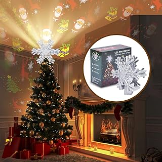 Christmas Tree Topper Lighted, 3D Hollow Glitter Snowflake with LED Rotating Santa Claus Projector Light, Xmas Tree Topper Golden for Christmas Tree Decro Gift,Snowflakes-Santa Claus