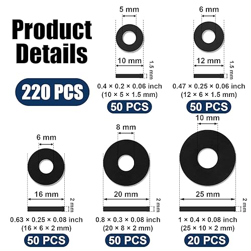 Miniatura 2 de Kit surtido de 220 arandelas de goma planas, arandelas planas de goma negra para espaciadores de tornillos, kit de juntas de buje de goma de 5