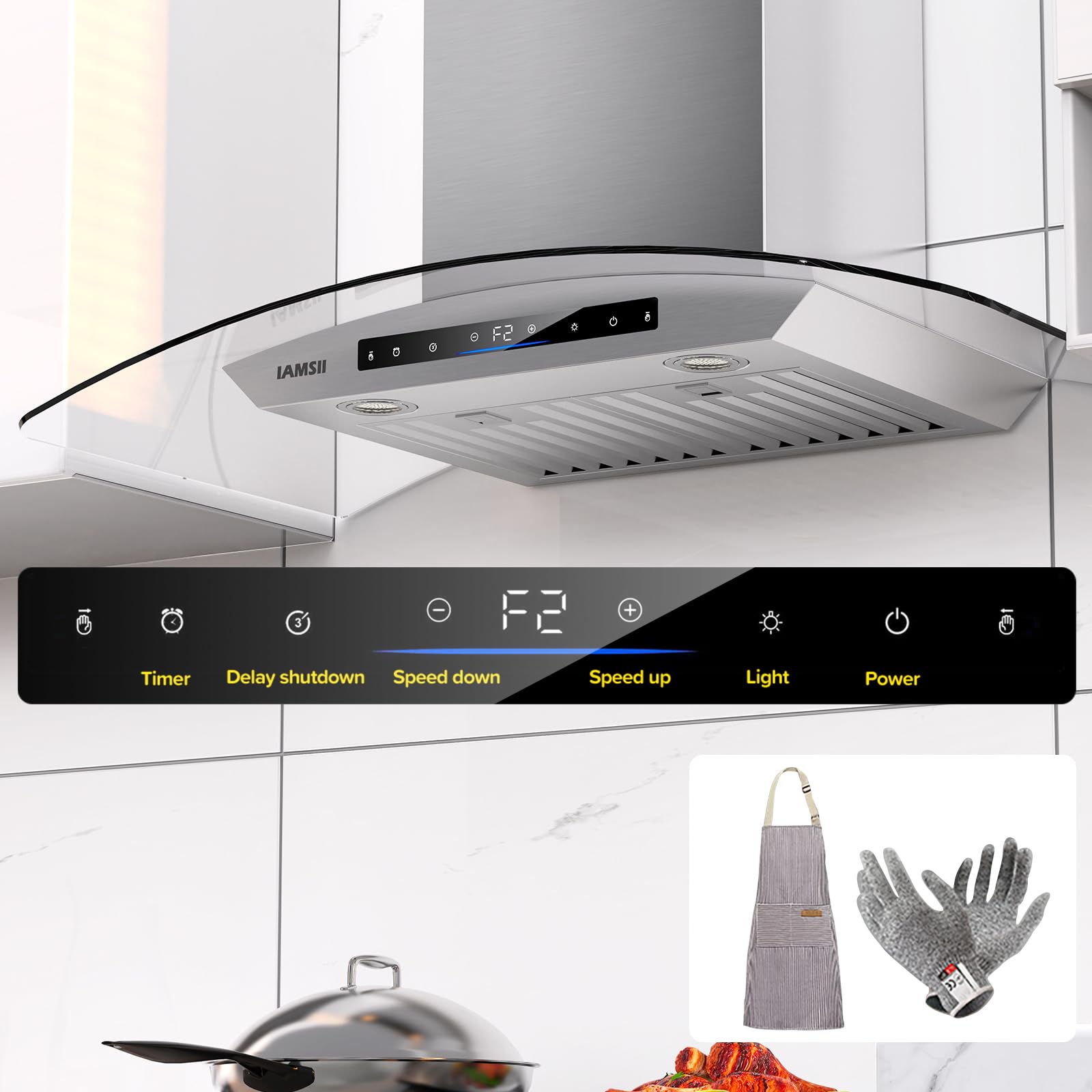 Campana extractora de 30 pulgadas de vidrio templado de 900 CFM, control remoto, gesto/táctil, ventilación de campana de cocina de acero inoxidable con ventilador de escape de 4 velocidades, luces