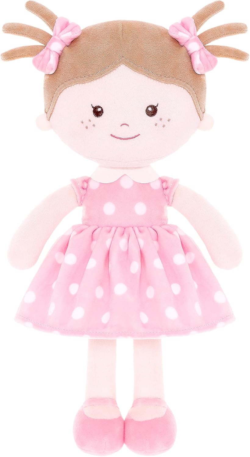 Onetoo Plush Rag Doll Sleeping Cuddle Buddy Doll Soft Baby Doll for Girls First Baby Doll Wear Pink Skirt Dress 14"(Milly Series)