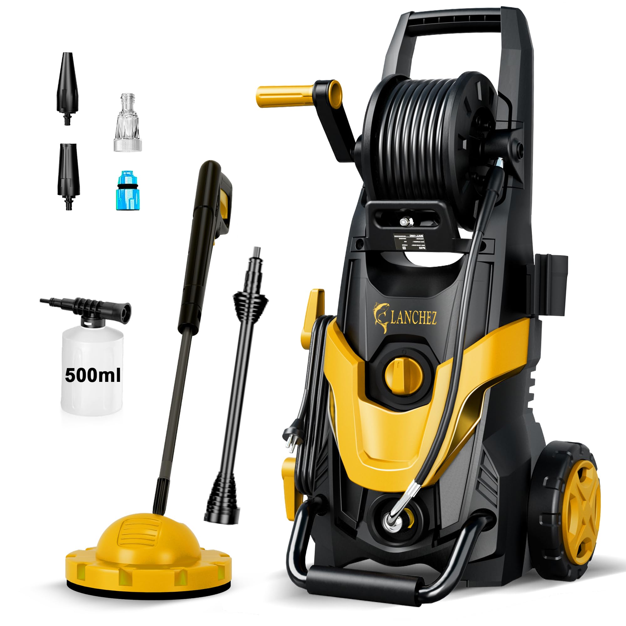 LANCHEZ Hochdruckreiniger Max Druck 180 Bar, Fördermenge 480 l/h, 7-in-1-Zubehör Kit, 500ml Schaumsprüher | Schnellkupplungen | Schnellanschlussdüsen | Terrassenbürste für Terrasse, Auto, Gelb