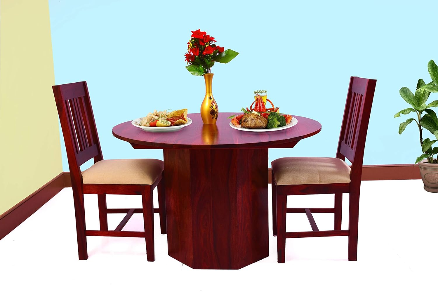 Furniseworld Sheesham Wood 2 Seater Dining Table with Cushion Chairs