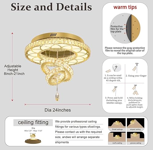 Miniatura 5 de Flashing God W24 - Candelabros modernos de cristal dorado para sala de estar, lámpara de techo redonda de cristal de 3 anillos, luz LED regulable