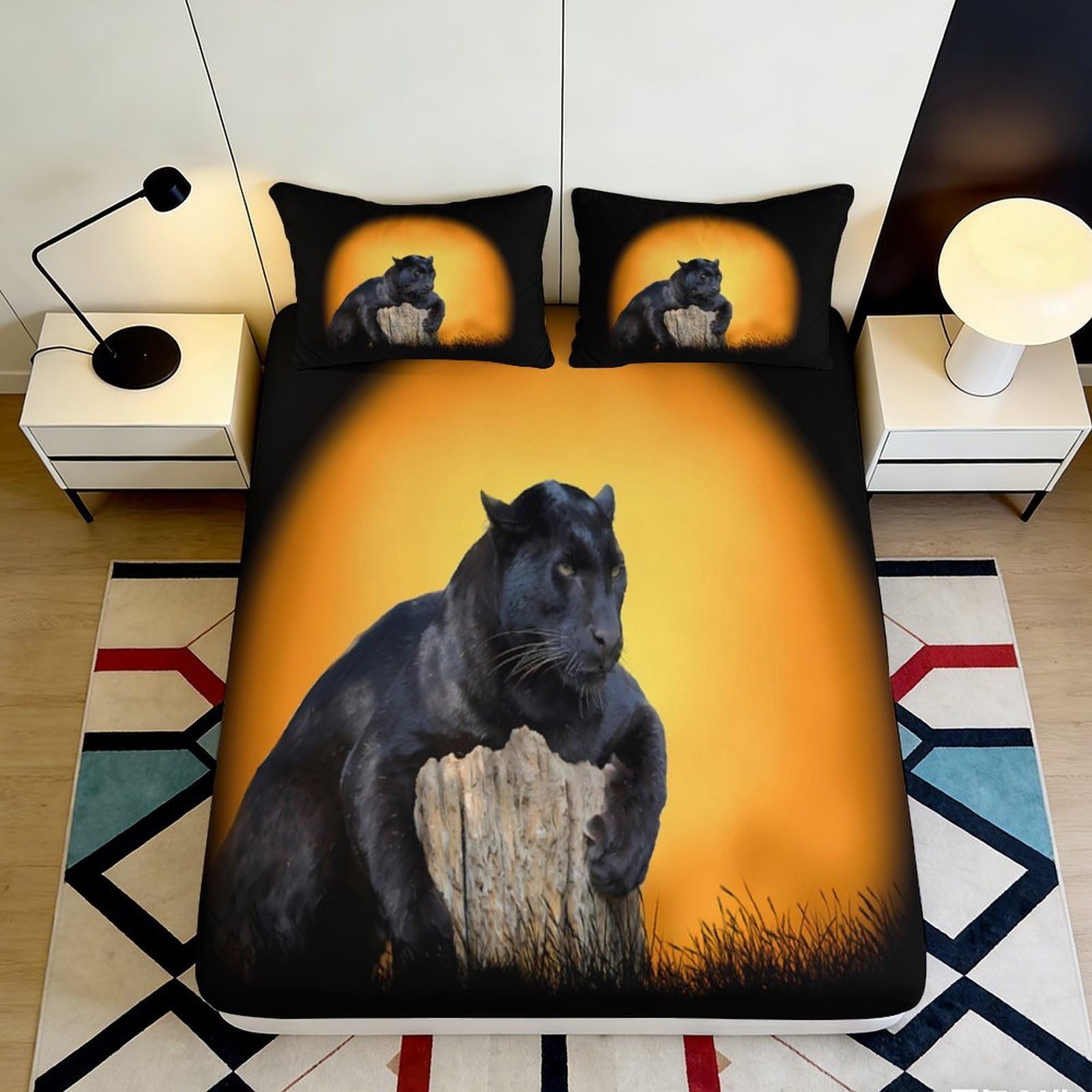 3D Printed Black Panther Fitted Sheet Microfiber Orange Sunset Mattress Cover for Bedroom Guest Room Decor 90x200x25cm