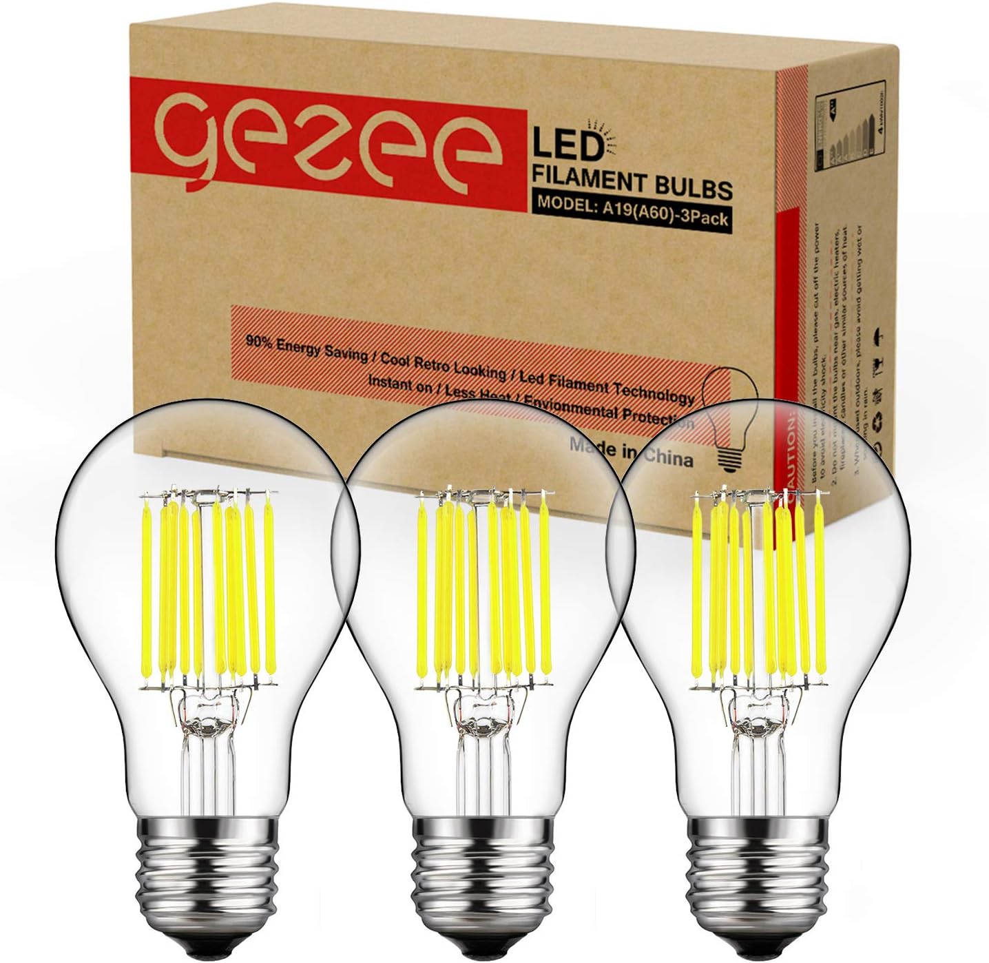 gezee 10W Edison Style Vintage LED Filament Light Bulb, 100W Incandescent Replacement, Daylight White 6000K,1000LM, E26 Medium Base Lamp, A19(A60) Antique Shape, Clear Glass Cover,Dimmable（3-Pack）