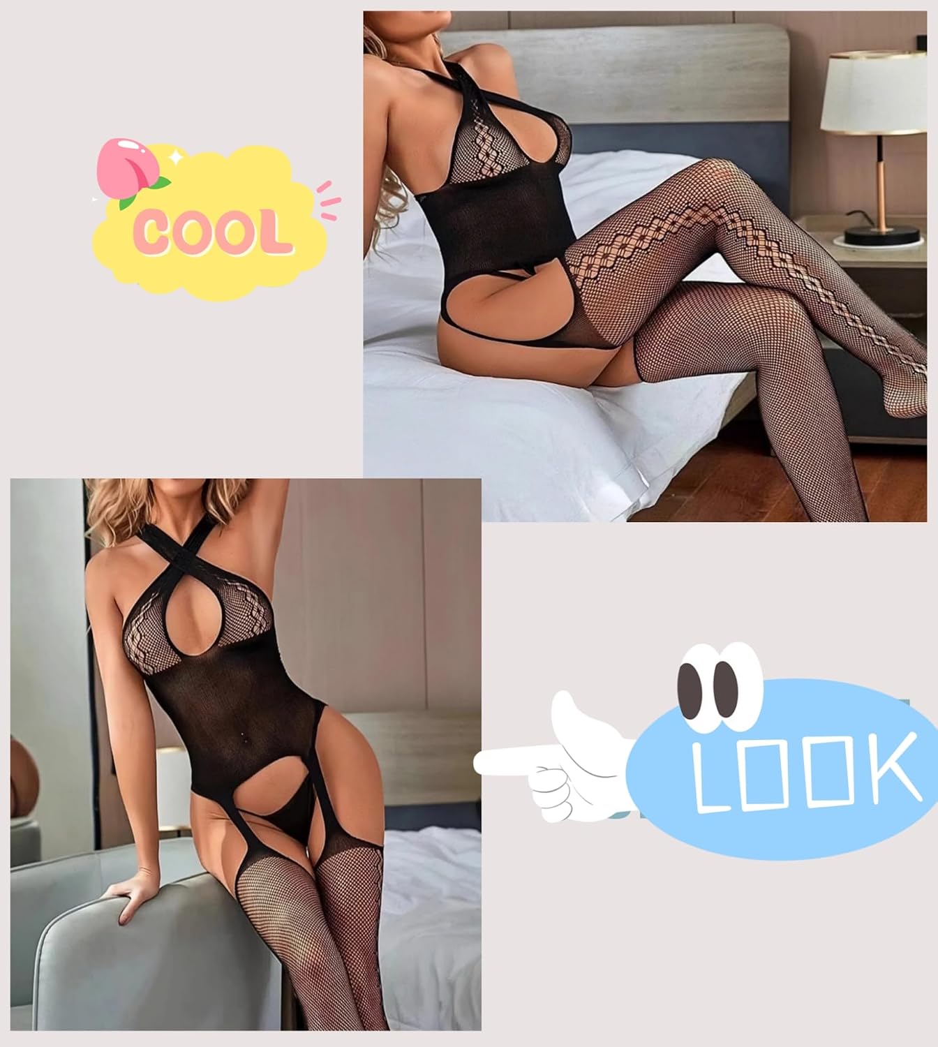 BIGFOX Sexy Lingerie for Women Fishnet Body Suits Crotchless Bodystockings