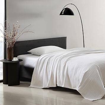 Vera Wang- Queen Blanket, Designer Cotton Bedding, Medium Weight Luxurious Bedding for All Seasons All Over Rib White, Queen