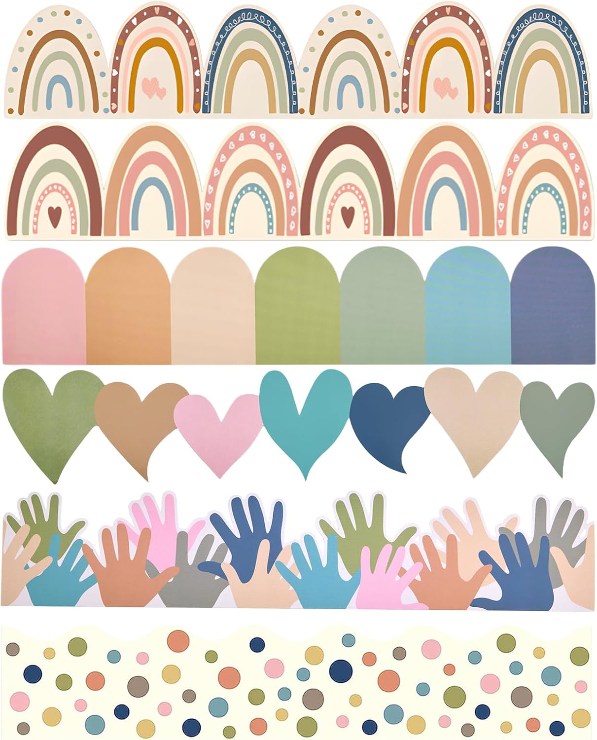 137.7 Ft Boho Bulletin Board Borders, Cute Rainbow Themed Scalloped Border Stickers, 120Pcs Bulletin Border Trim for School Classroom Blackboard and Chalkboard Decoration, 6 Styles