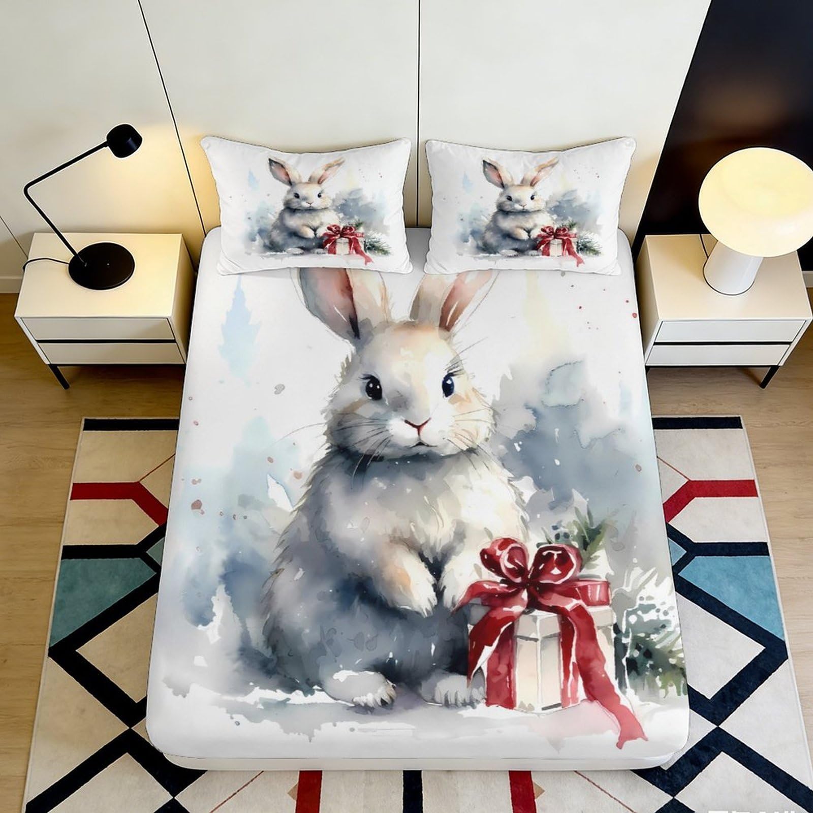 3D Printed Cute Bunny Fitted Sheet Microfiber Soft Breathable Rabbit Mattress Cover for Bedroom Dorm Decor 90x200x25cm