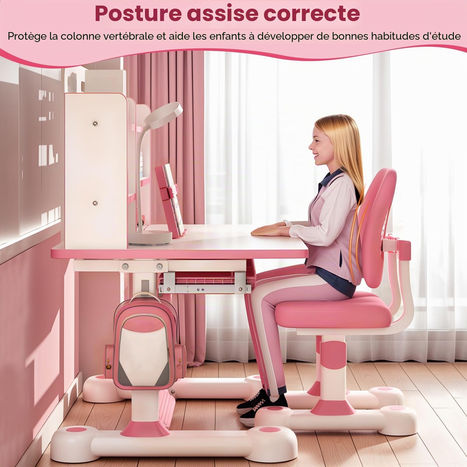 Bureau pour enfant réglable en hauteur avec chaise ergonomique, avec étagère à livres, tiroir et plateau inclinable à 50 °, rose