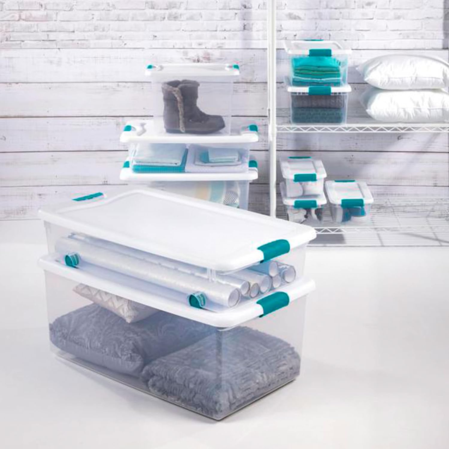 Sterilite 64 Qt Latching Storage Box, Stackable Bin with Latch Lid, Organize Clothes, Blankets, Sports Items in Closet, Clear with White Lid, 1-Pack