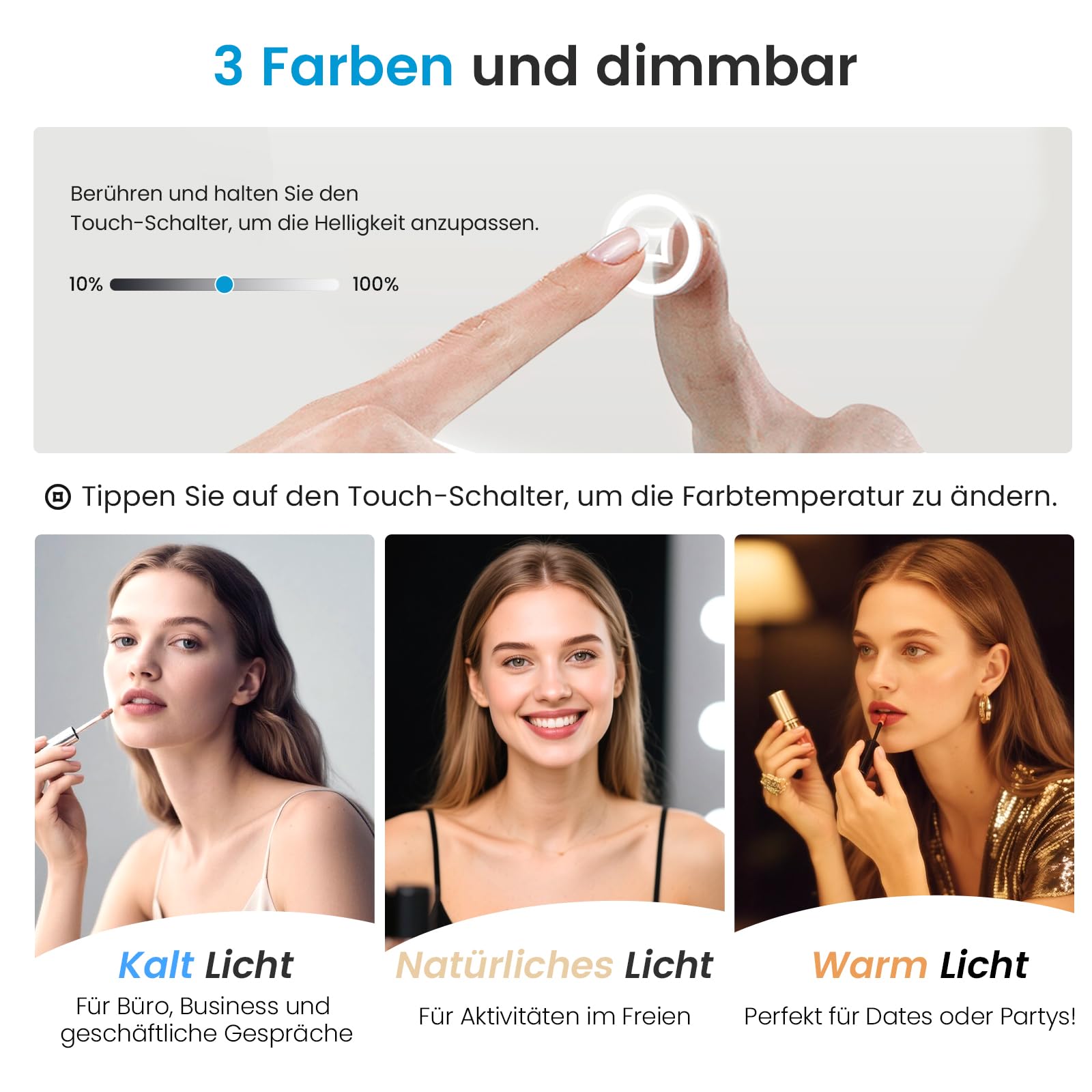 Heilmetz Schminkspiegel mit Beleuchtung Rund Φ48cm, LED Hollywood Spiegel mit Beleuchtung, Dimmbar 3 Lichtfarben, Touch Schalter, Makeup Kosmetikspiegel mit Licht - Weiß