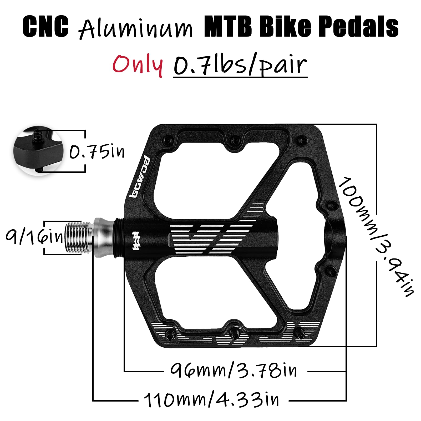 BOWOD Mountain Bike Pedals w 3Bearings, Grippy MTB Bicycle Pedals Flat, Clipless BMX Pedals w Light Wide CNC Aluminum Alloy Platform 9/16