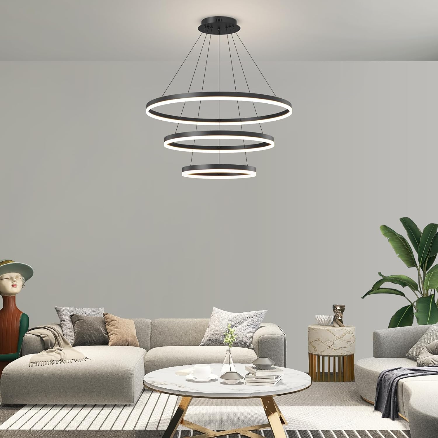 Black LED Modern Chandelier, 3 Ring Circular Dimmable Pendant Light for Kitchen Island, Living Room, Adjustable 3000K-6500K Ceiling Lamp, Above Dining Room Table Hanging Lights for Entryway Foyer