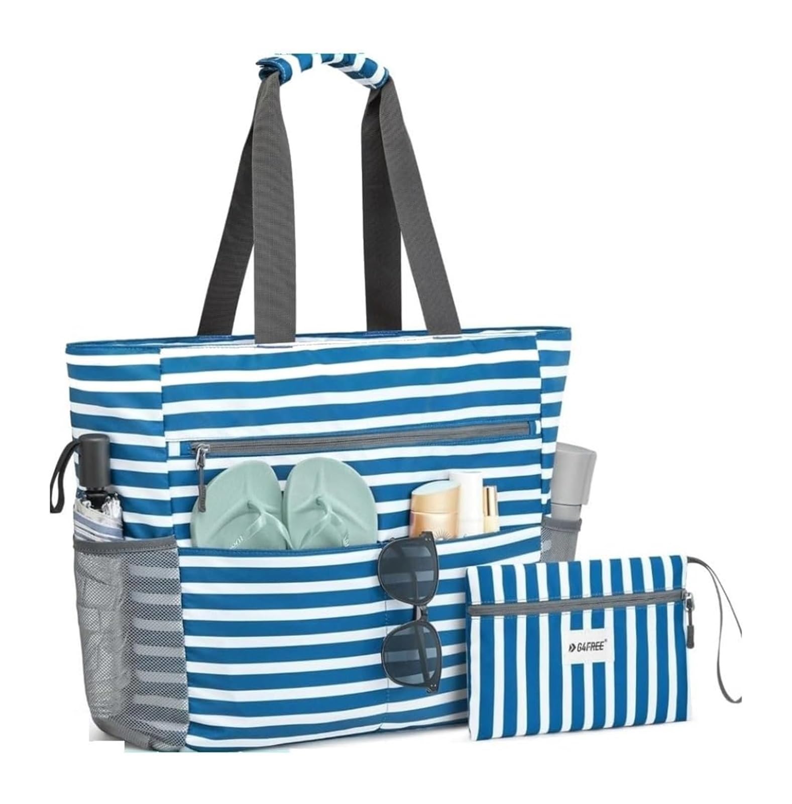 Sac fourre-Tout de Plage pour Femme, Fourre-Tout Pliable de Plage résistant à l'eau avec Pochette, Rayures Bleues et Blanches