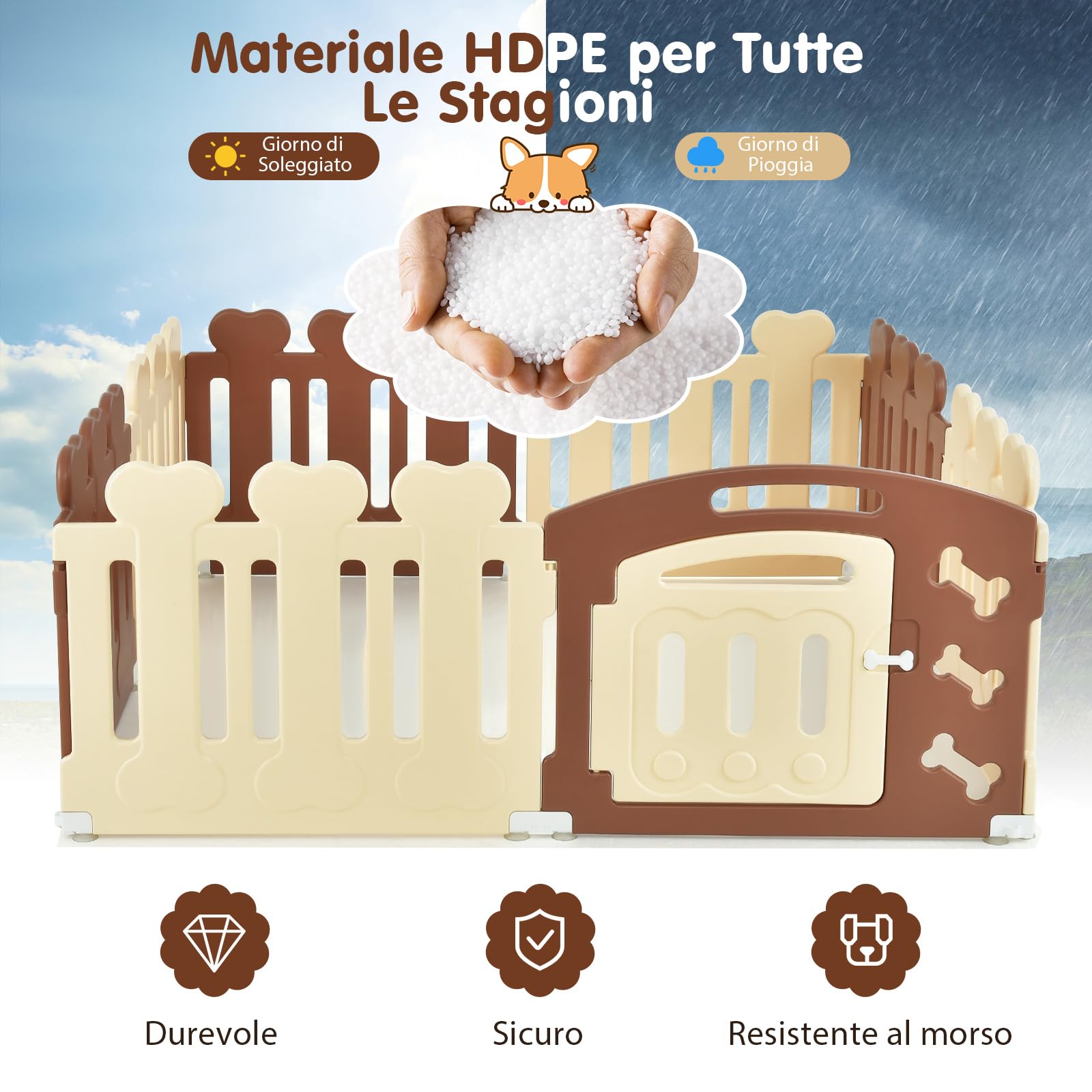 COSTWAY Recinto per Animali con 8 Pannelli, Cancelletto per Cani e Cognigli in HDPE con Porta, Chiusura e Angoli Sicuri, Cancello per Animali da Interno ed Esterno (Marrone e Beige)