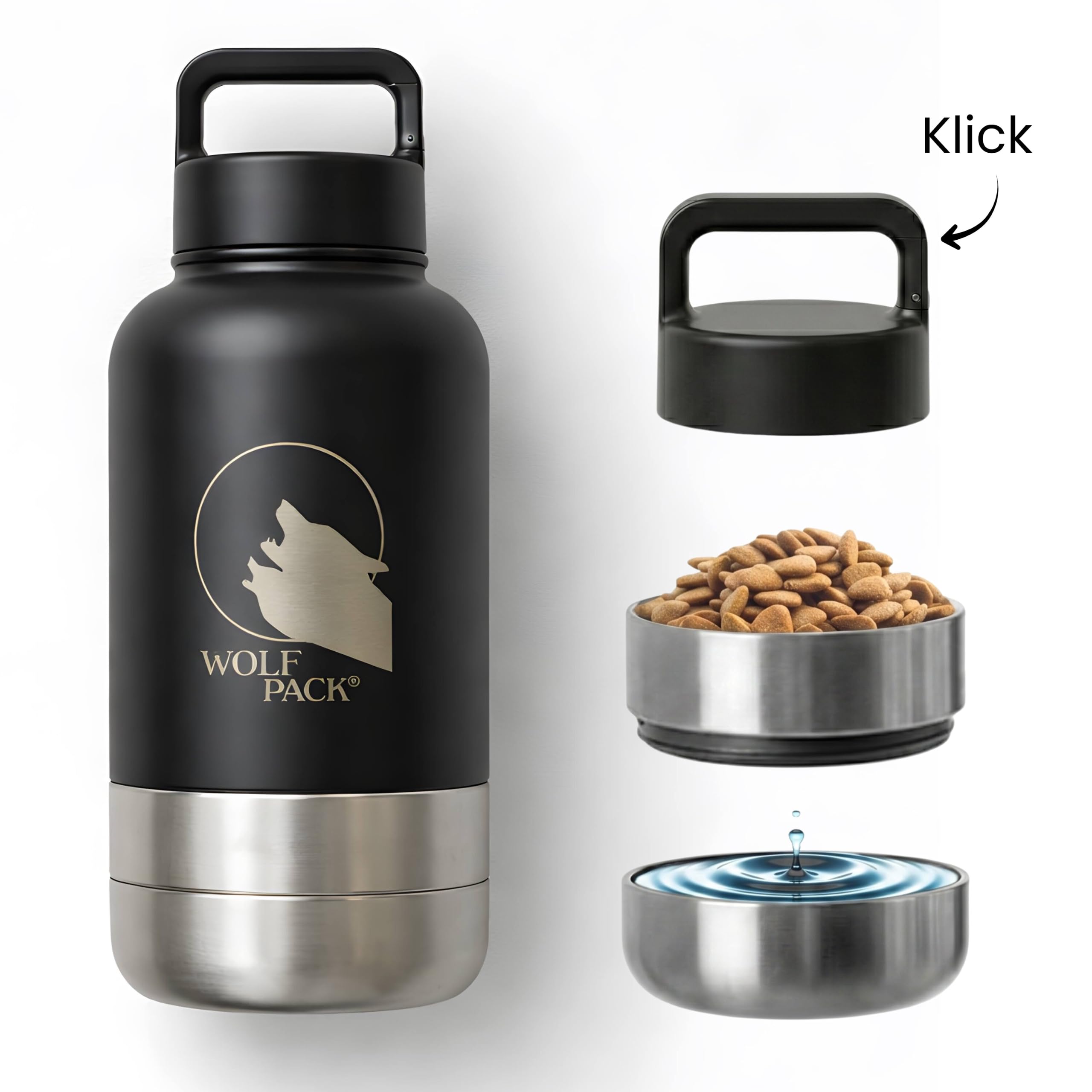 Wolf Pack Hydro Hundetrinkflasche für unterwegs – 1 L 3-in-1 Edelstahl-Trinkflasche mit 2 Hundenäpfen für Wasser und Futter, vakuumisoliert, auslaufsicher, BPA-frei, Karabiner