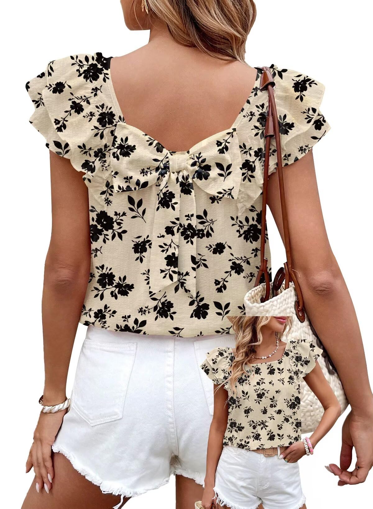 Falechay Womens Bow Tie Back Tops Babydoll Vneck Ruffle Short Sleeve Shirts