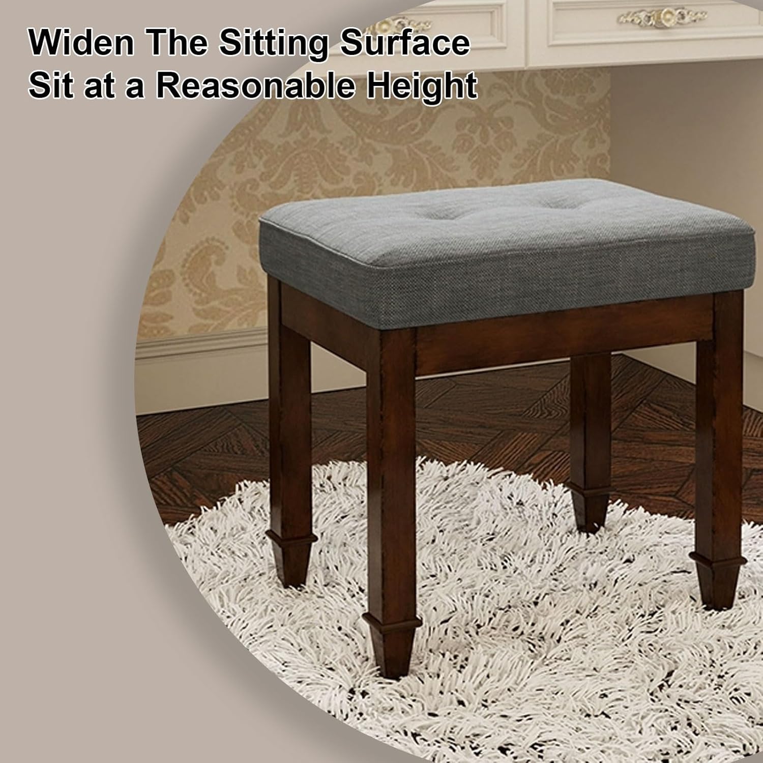 Solid Wood Vanity Stool Makeup Dressing Stool with Fabric Upholstered Seat Shoe Changing Stool Dining Stool for Bedroom