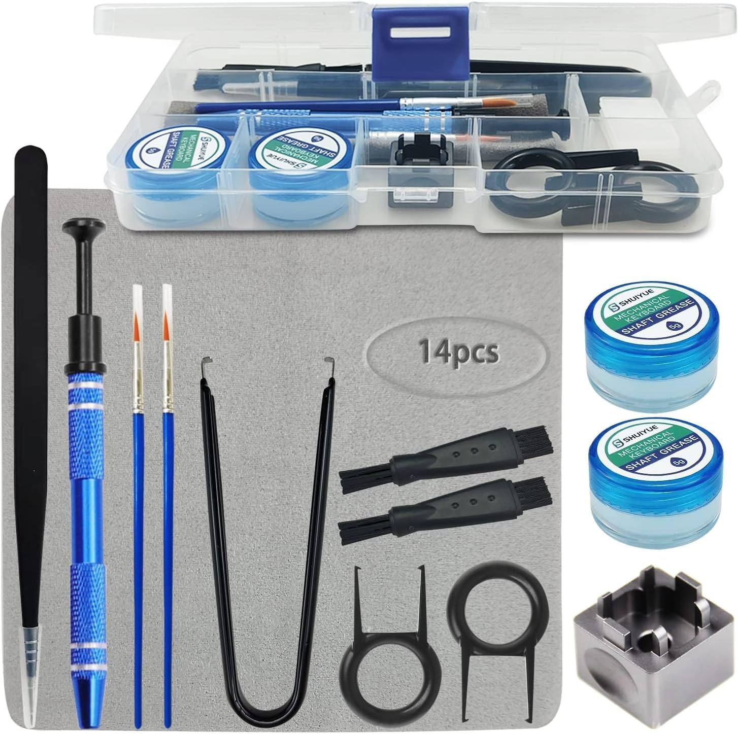 – 14 pcs Keyboard Lube Kit with Switch Opener/Switch lube/Switch Puller/Transparent box/cleaning cloth/brush for DIY Cherry Mechanical Keycap Keyboard Switches