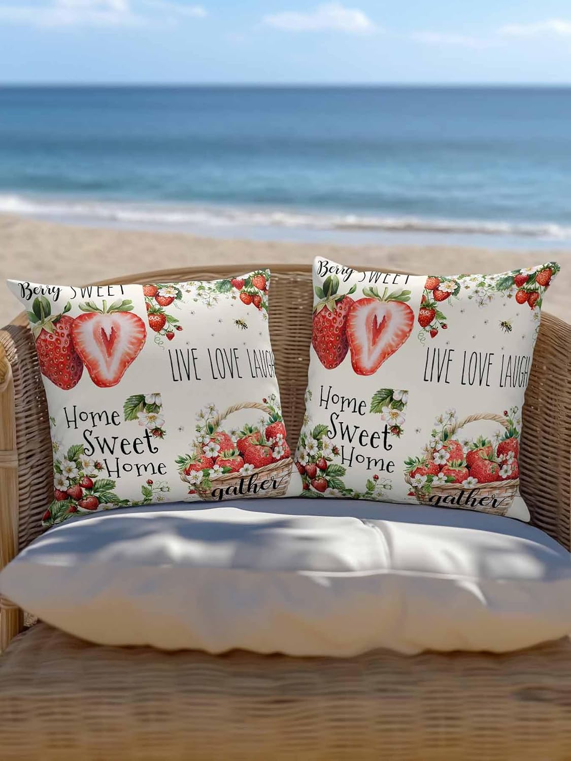 Outdoor Throw Pillow Set of 2, Strawberry Waterproof Pillow with Insert Included, Summer Fruits Green Botanical Floral Decorative Accent Cushion Sofa Pillows for Patio Porch, 18 x 18 in