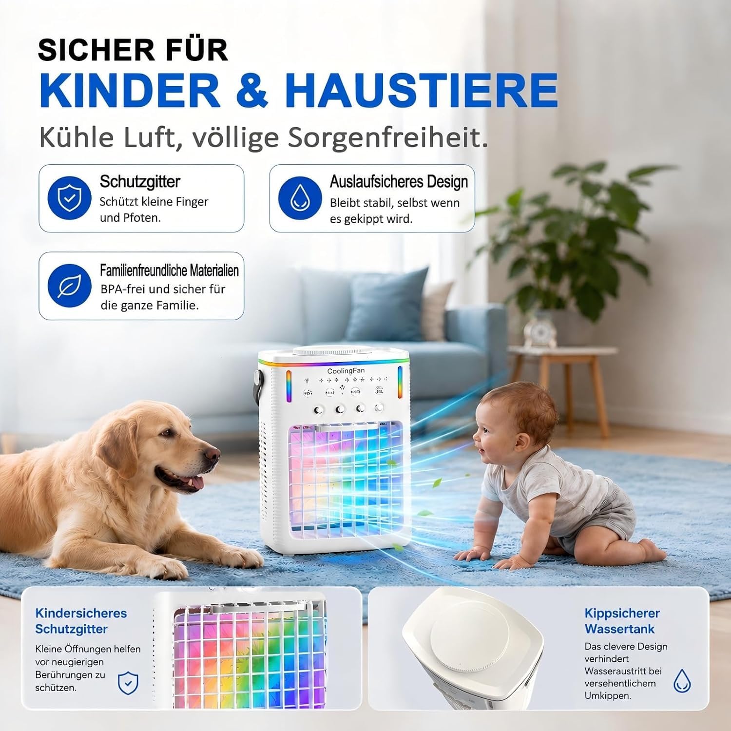2026 Neuer 1500ML tragbarer Luftkühler, mobile Klimaanlage für Auto & Schlafzimmer, 3 Modi & 3 Geschwindigkeiten, 7-farbiges LED-Licht & für Büro, Camping & Reisen(1PCS)