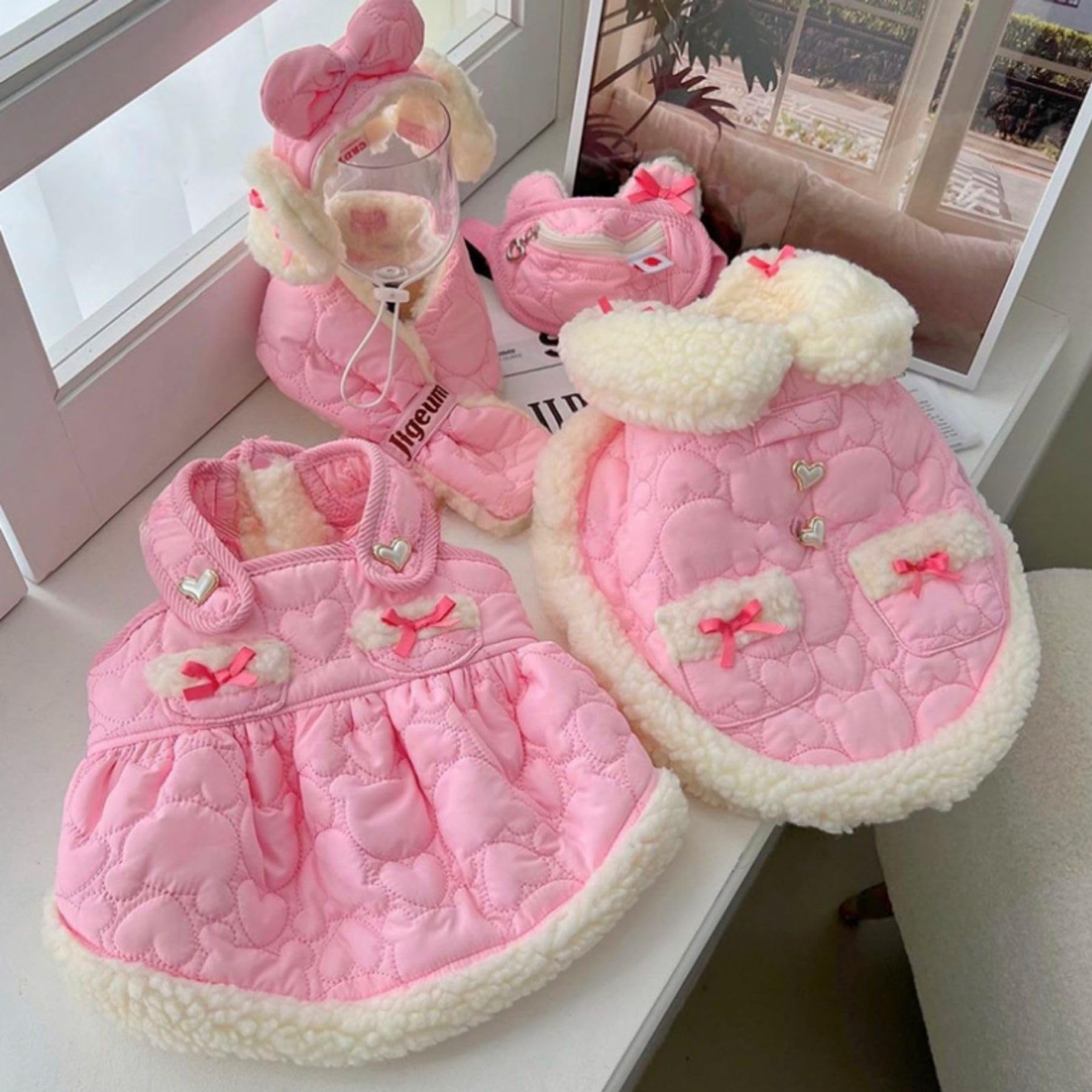 Heart Print Dog Winter Dress with Pearl and Bow Decoration Puppy Dress for Small Dogs Pet Coat Dog Christmas Outfit