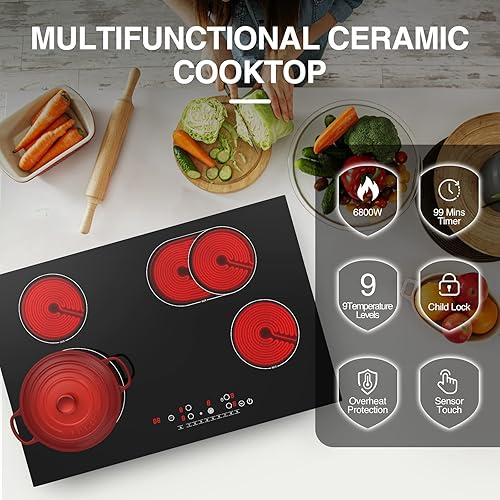 Miniatura 2 de Estufa eléctrica de 30 pulgadas, estufa eléctrica radiante incorporada, 4 quemadores, placa de cerámica de 6800 W, 9 niveles de calefacción de