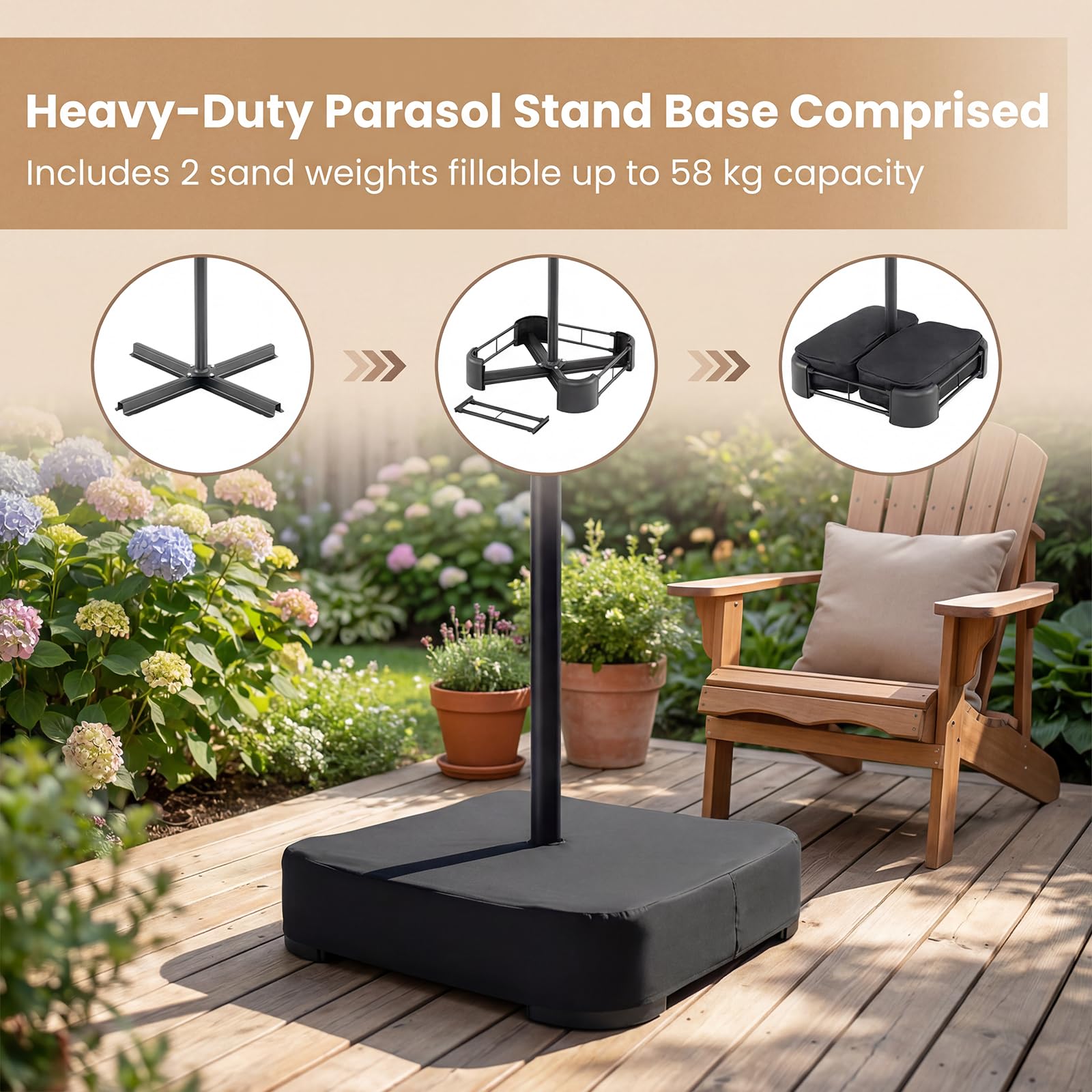 GOPLUS Parasol de Jardin Exterieur avec Pied, 4,7x2,8M Grand Parasol Double Face avec LED Solaires, Manivelle, 12 Baleines, Protection Solaire, pour Terrasse Patio Marché, Beige
