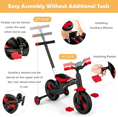 Miniatura 4 de BABY JOY Triciclo plegable 5 en 1 para niños pequeños, triciclo plegable para niños con mango de empuje de dirección ajustable, pedales extraíbles y