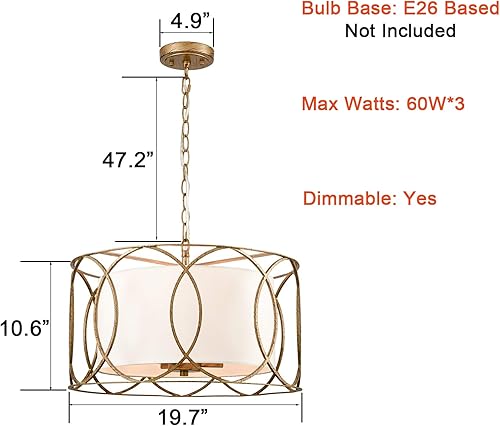 Miniatura 7 de HYDELITE Lámpara colgante de tambor de latón con 3 luces para mesa de comedor con difusor de lino blanco