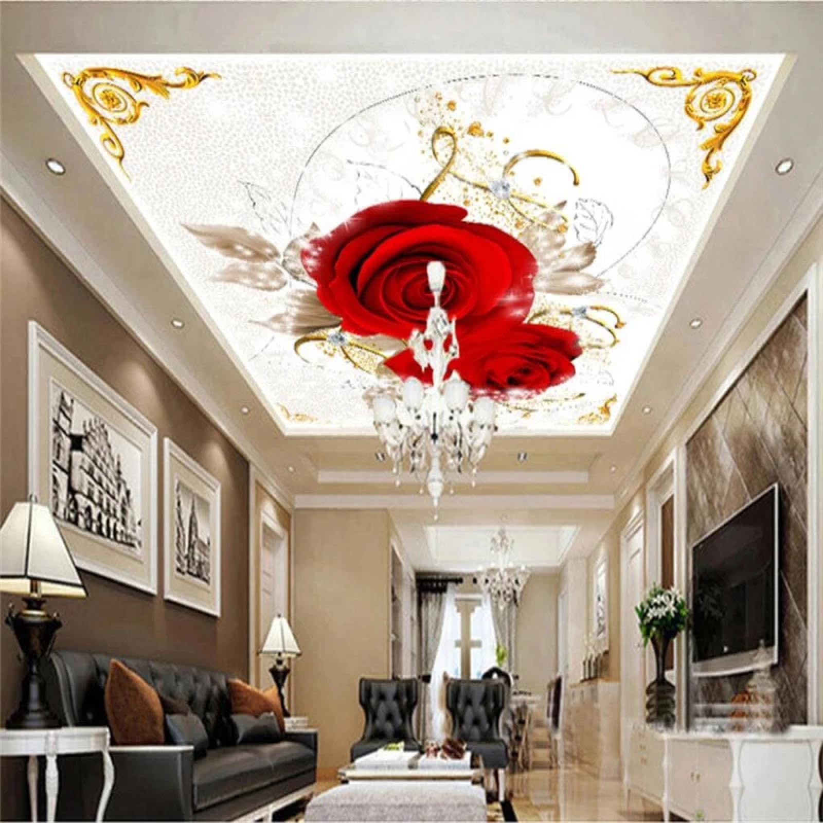 Papier peint 3D plafond roses pour chambre parentale romantique