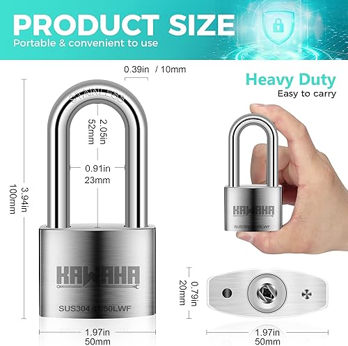 Miniatura 2 de KAWAHA 4150L-2P Candado de acero inoxidable de alta seguridad con grillete largo de 2 pulgadas (1.969 in) con llave para uso en interiores y