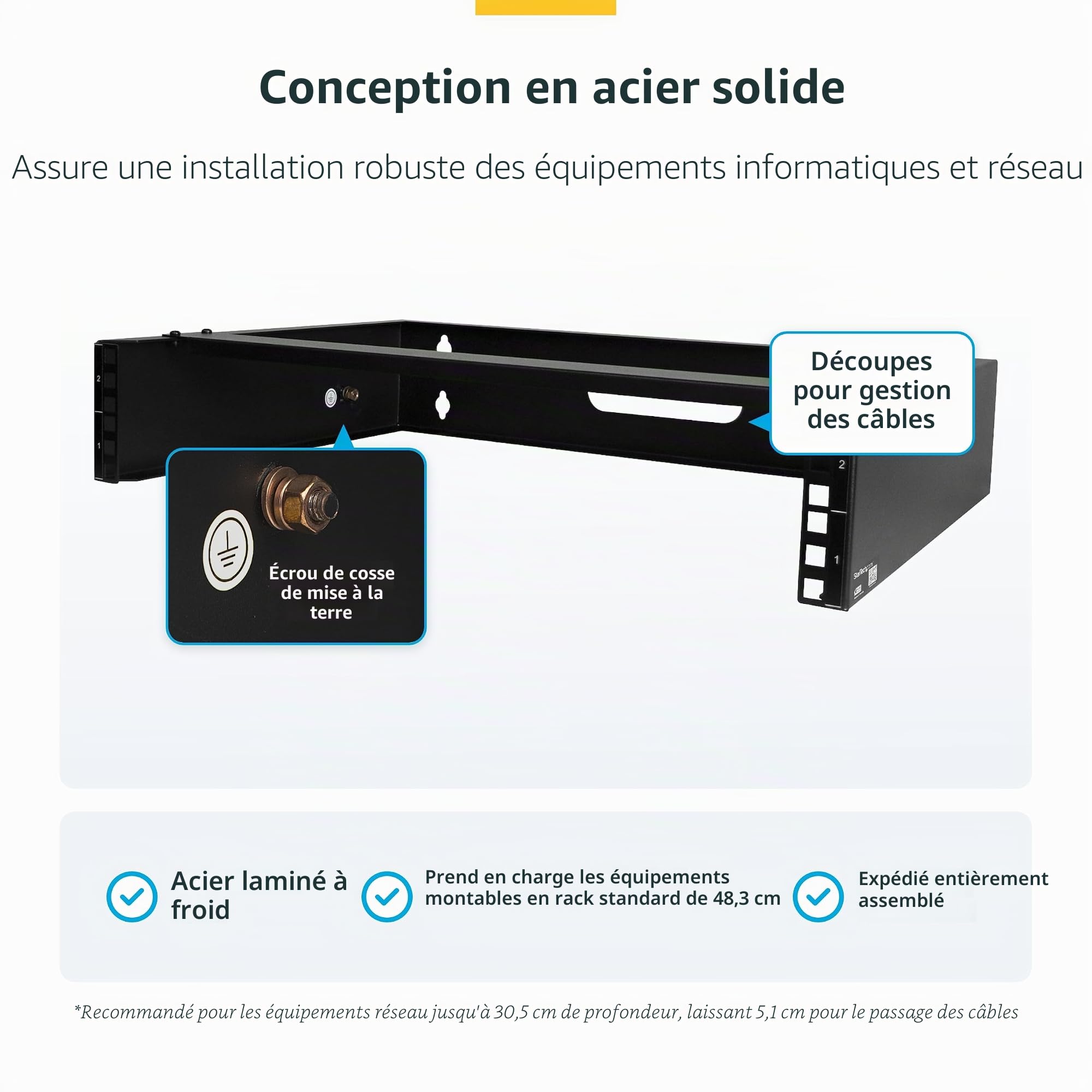 StarTech Rack Mural 2U 19", Profil Bas, 36cm, 35kg (RACK-2U-14-BRACKET) | Réseau, Baie de brassage, Support étagère, Serveur, Équipement informatique/réseau, Mini baie, Noir
