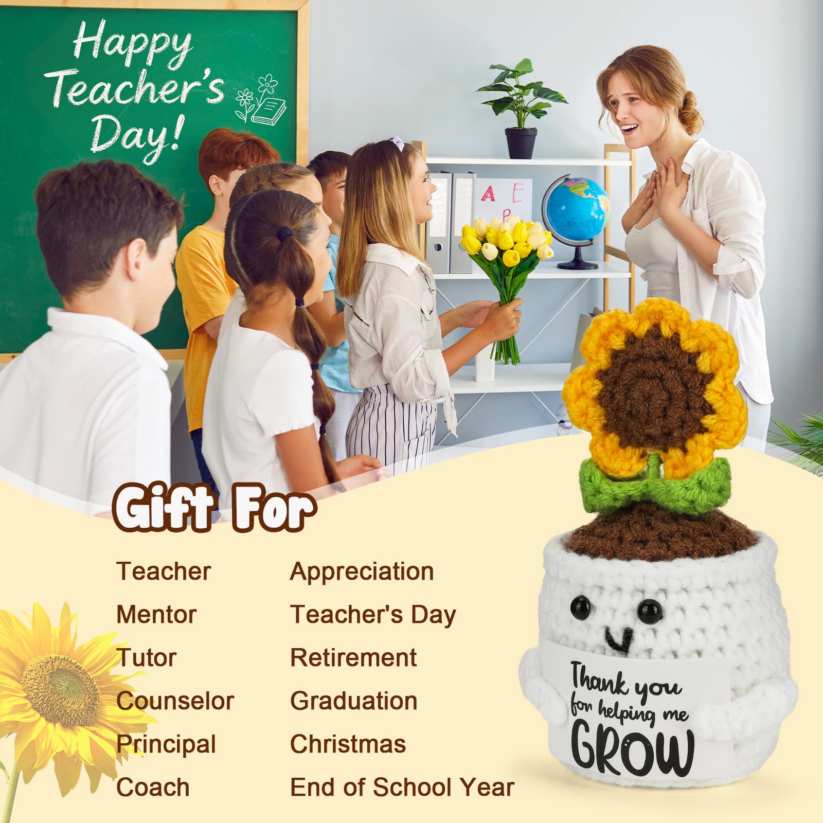 MBL Teacher Appreciation Gifts for Women - Thank You Sunflower Crochet Flower Teacher’s Day Retirement Inspirational Graduation Gift for Teachers Boss Lady Assistant Principal Coworker Supervisor