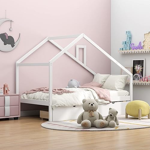 Miniatura 3 de LCH Sofá cama de tamaño individual con dos cajones extraíbles, marco de cama de madera maciza con diseño de techo, muebles para el hogar, para niños